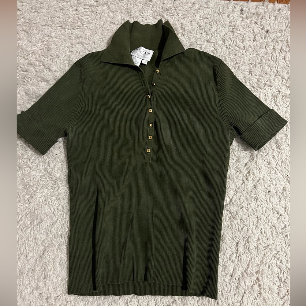 Oscar de la renta olive green button up polo top size xs more like a small